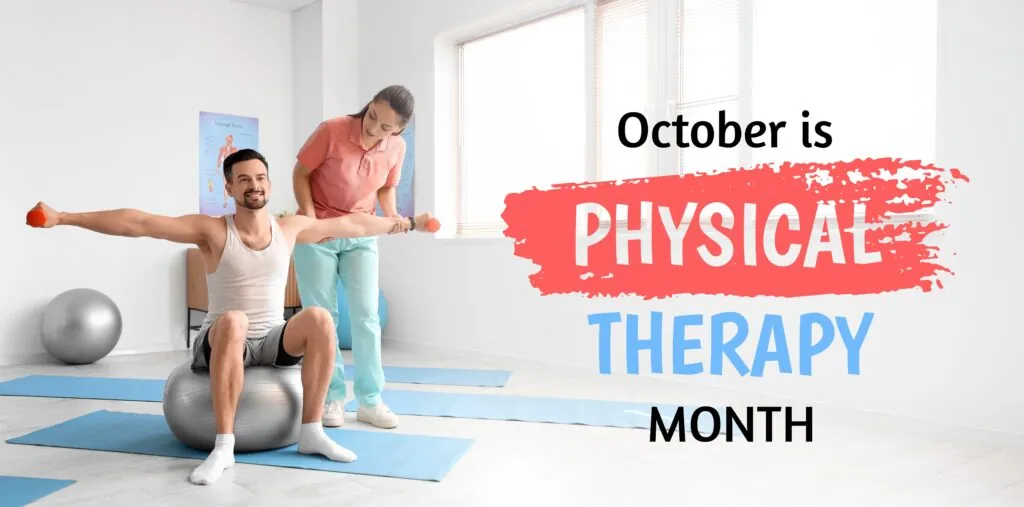 Man training with physiotherapist in rehabilitation center. Banner for Physical Therapy Month