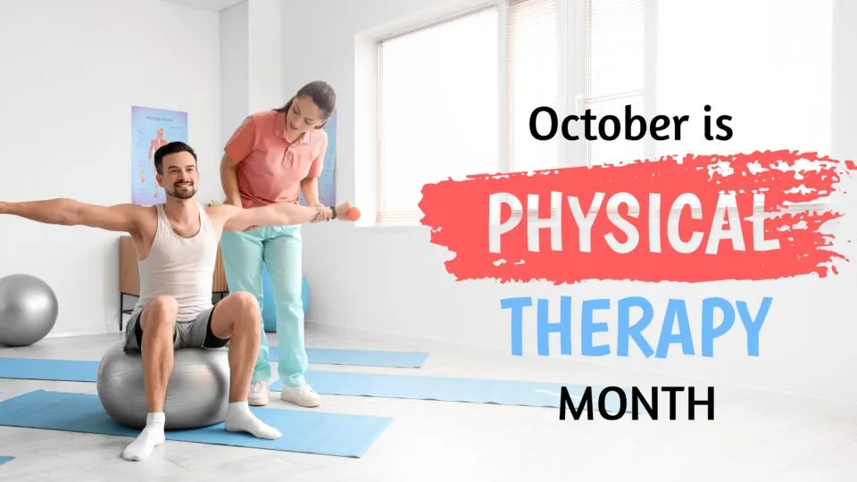 Man training with physiotherapist in rehabilitation center. Banner for Physical Therapy Month