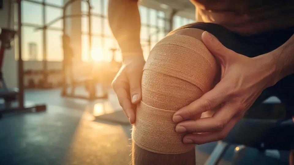 Prehab. Close up of athletic person wrapping knee bandage in gym fitne