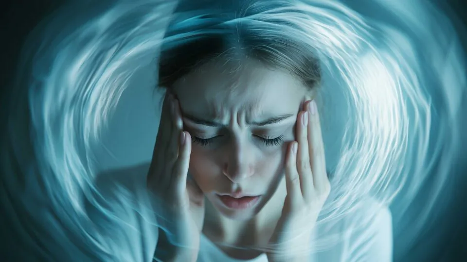 A person holding their head, surrounded by swirling motion, symbolizing vertigo and dizziness.