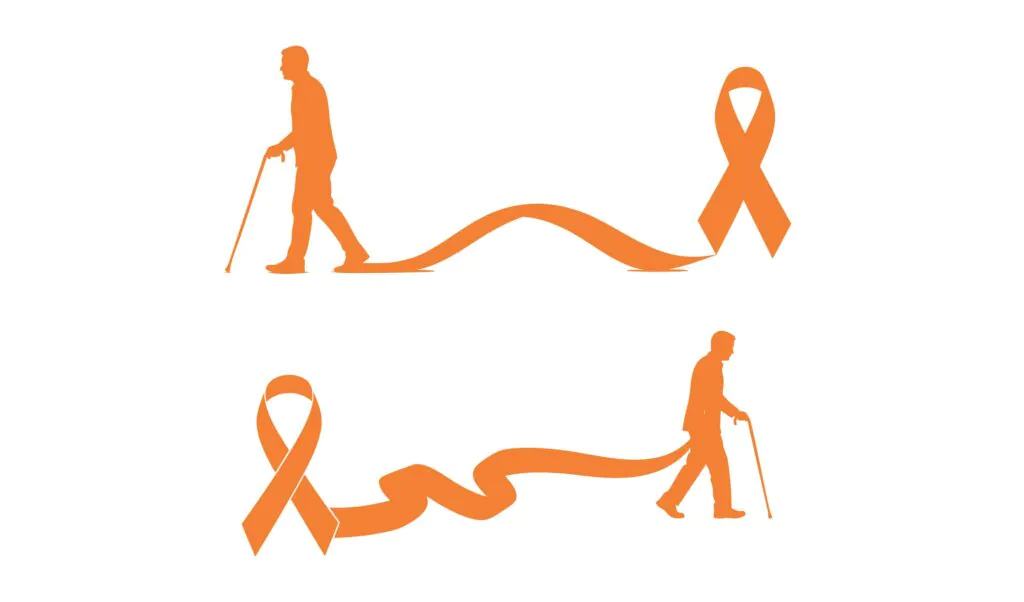 Vector Silhouette of an Elderly Person Walking with a Cane and an Orange Awareness Ribbon