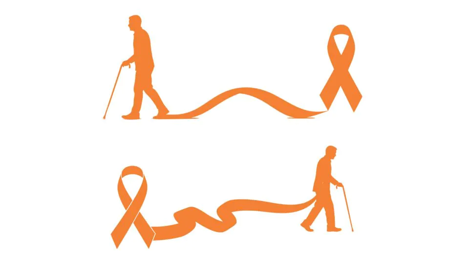 Vector Silhouette of an Elderly Person Walking with a Cane and an Orange Awareness Ribbon