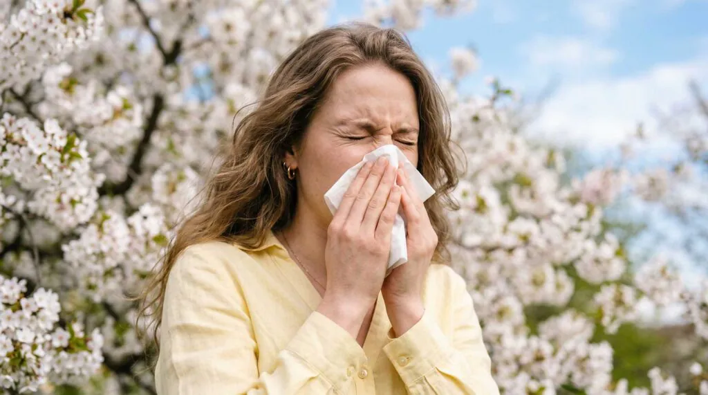 young woman sneezing in spring garden with blooming trees, experiencing seasonal allergies